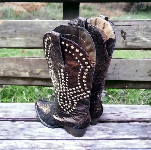 REBA Studded Metallic Bronze Leather Cowboy Boots 5.5 Biker Western Cowgirl - Picture 12 of 15